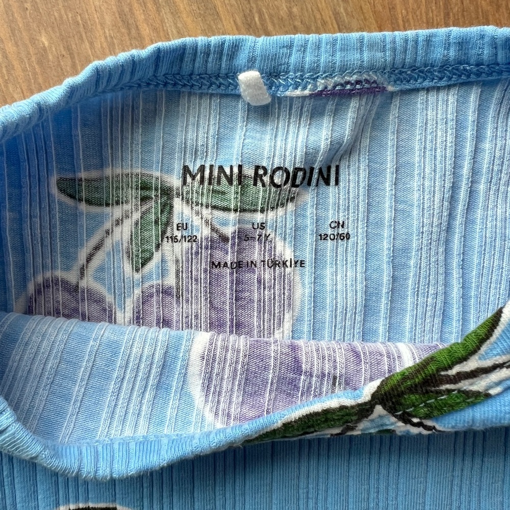 Mini Rodini Ribbed Blue Long Sleeve with Purple Plum Design - Picture 3 of 4